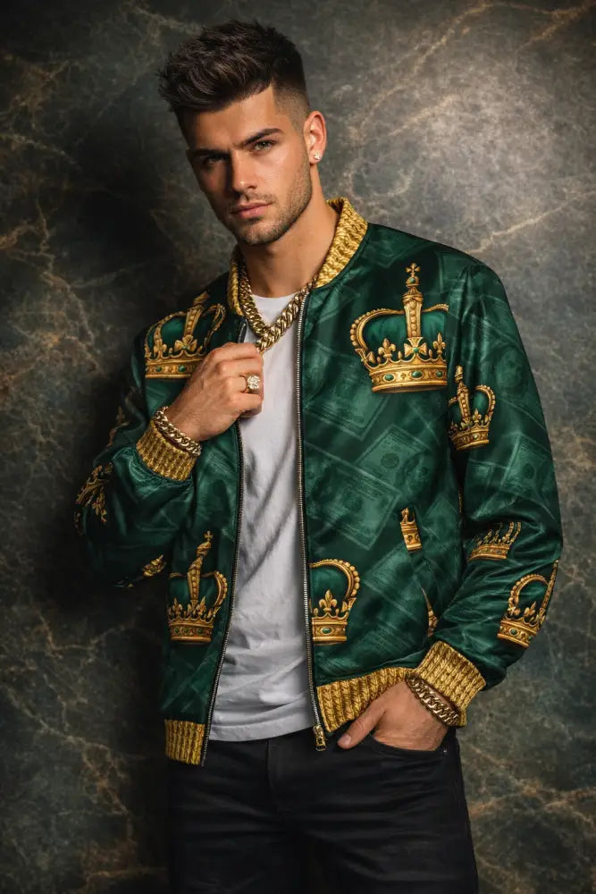 CGE Crown Edition Bomber Emerald Gold – Luxury Designer Jacket - CUT-SEW