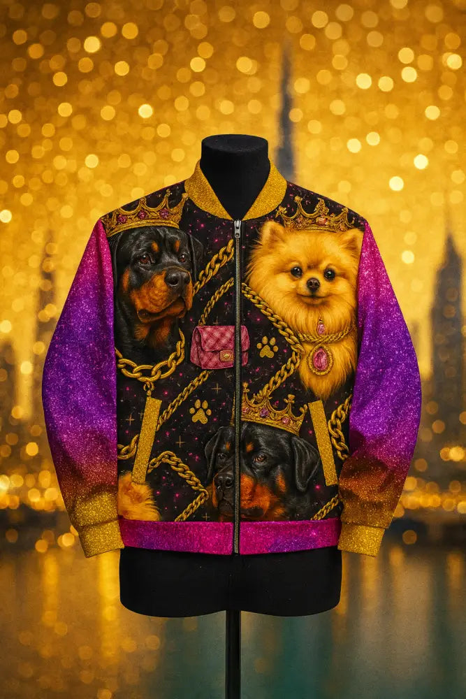 CGE Royal Glam Dogs Bomberjacke – Luxus Pink Gold Dog Print Jacket - CUT-SEW