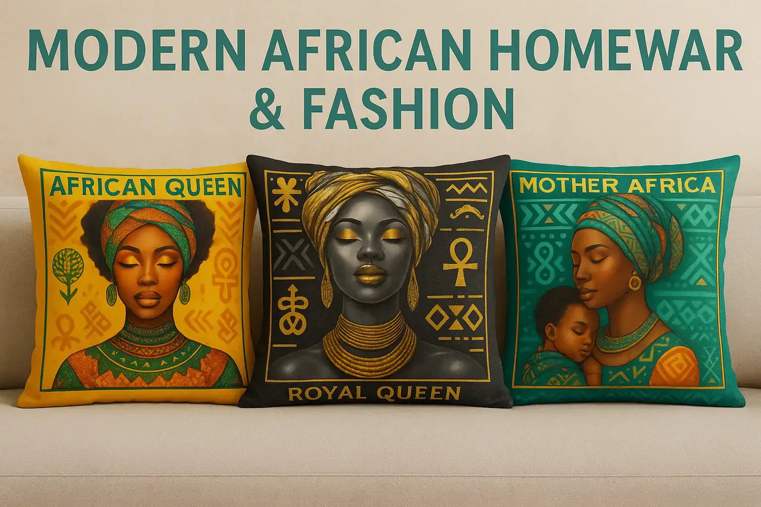 Moderne afrikanisch-thematische Dekokissen mit lebendigen Farben und aufwendigen Designs, die Texte wie 'African Queen', 'Royal Queen' und 'Mother Africa' aufweisen.