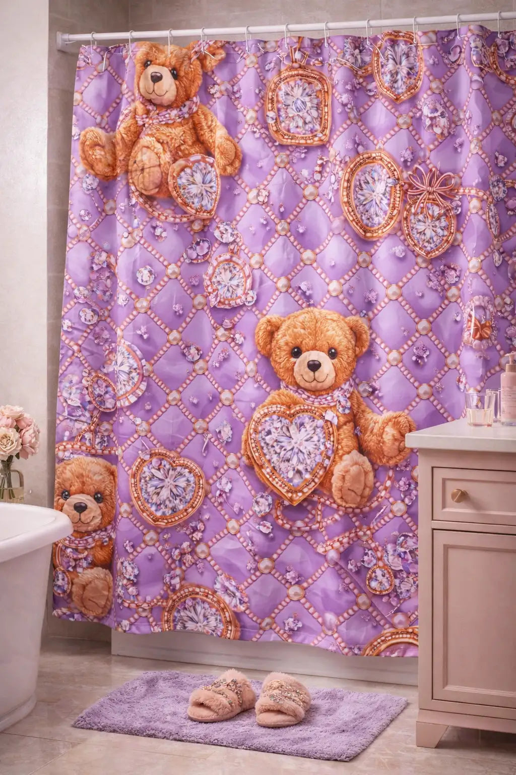 Lila Duschvorhang mit plüschigen braunen Teddybären, die herzförmige Juwelen und diamantgemusterte Rahmen halten.