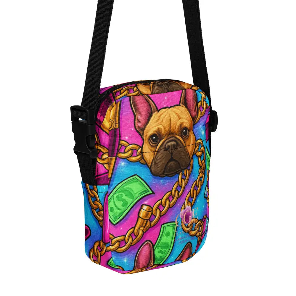 Bunte Umhängetasche mit Bulldoggen-Motiv, Ketten- und Geldschein-Design, verstellbarem Riemen, robust und wasserabweisend.