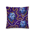Royal Glam Dog Chains decorative pillow with blue dog heads, gold chains, pearls, and crown on a deep blue background