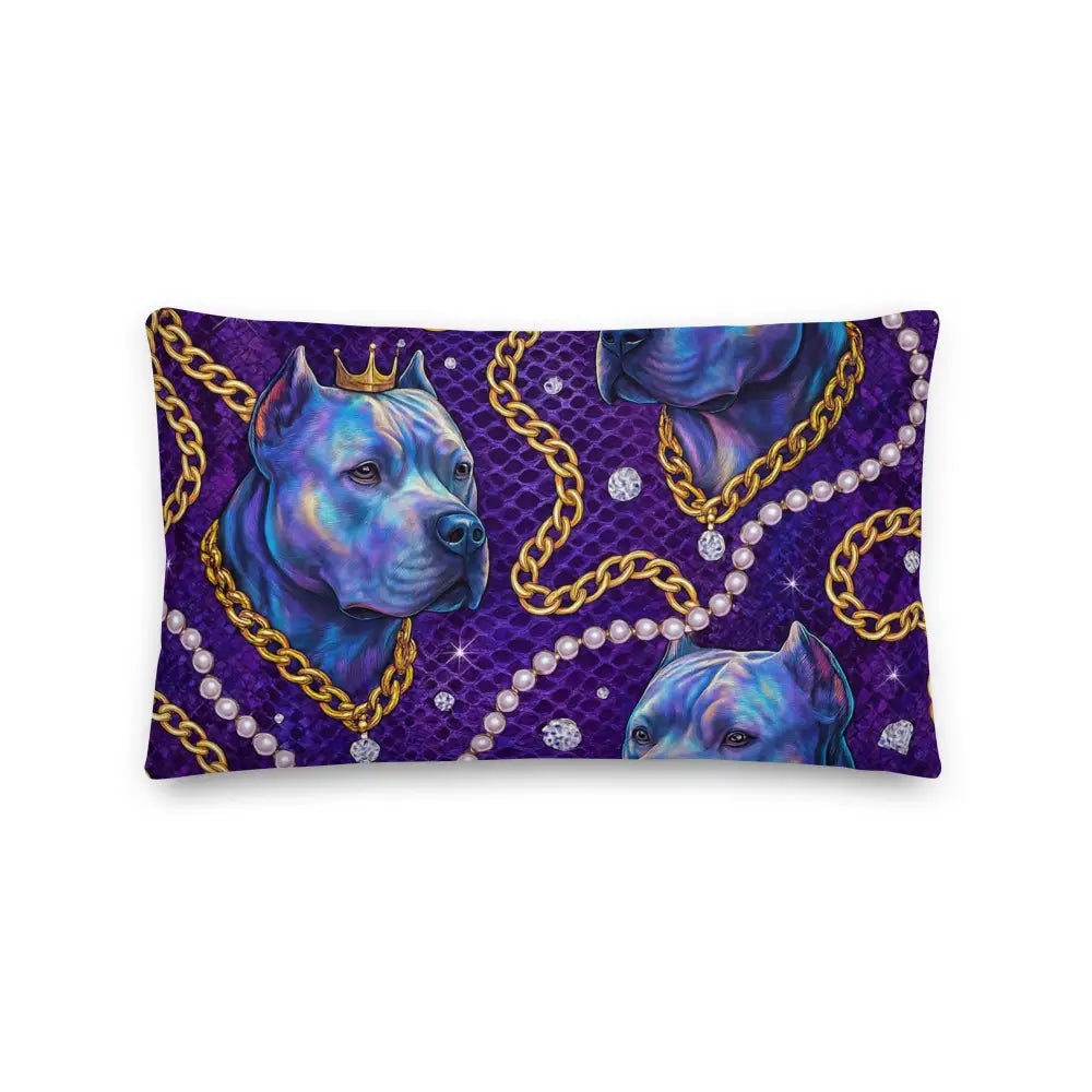Royal Glam Dog Chains decorative pillow with blue dog portraits, gold chains, and pearl accents on purple background