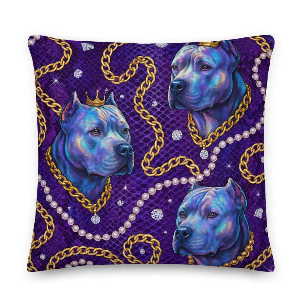 Royal Glam Dog Chains decorative pillow with blue dog portraits, gold chains, pearls, and crown on purple background