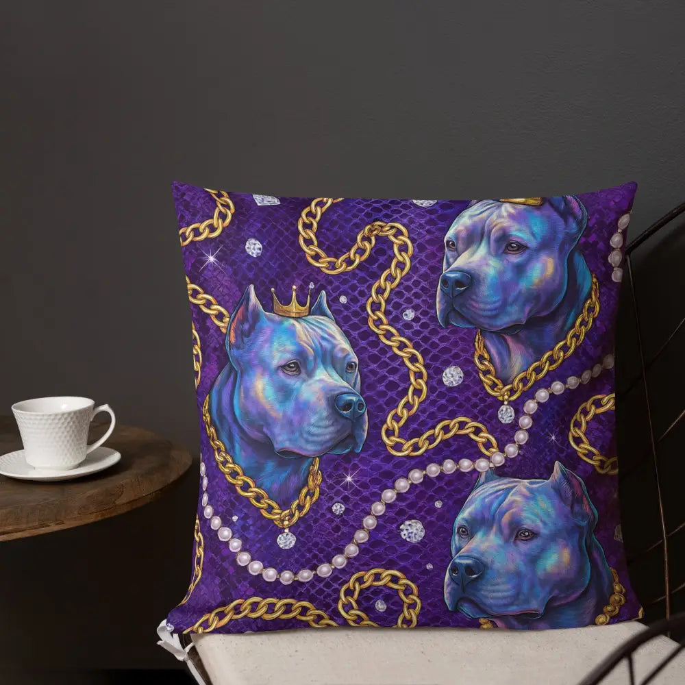Royal Glam Dog Chains decorative pillow with blue dog heads, gold chains, and pearls on purple background