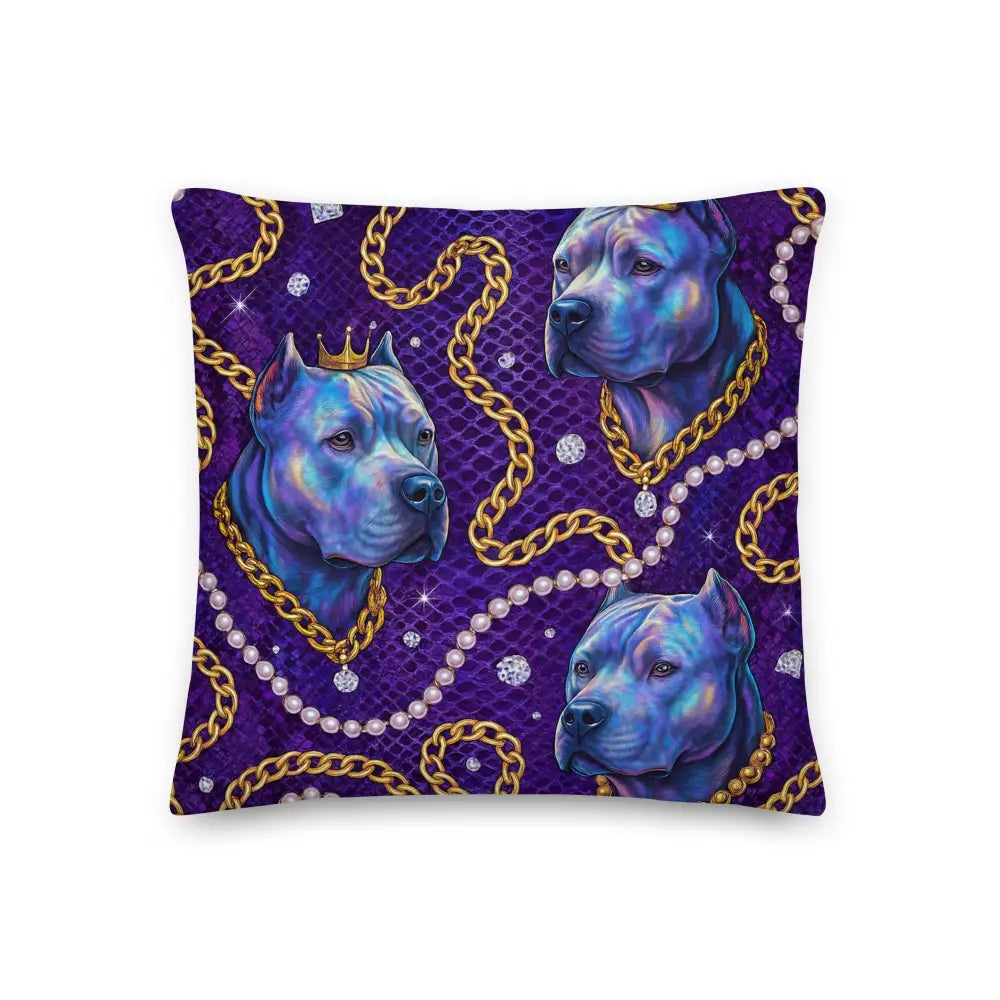 Royal Glam Dog Chains decorative pillow with blue dog portraits, gold chains, and pearls on purple background