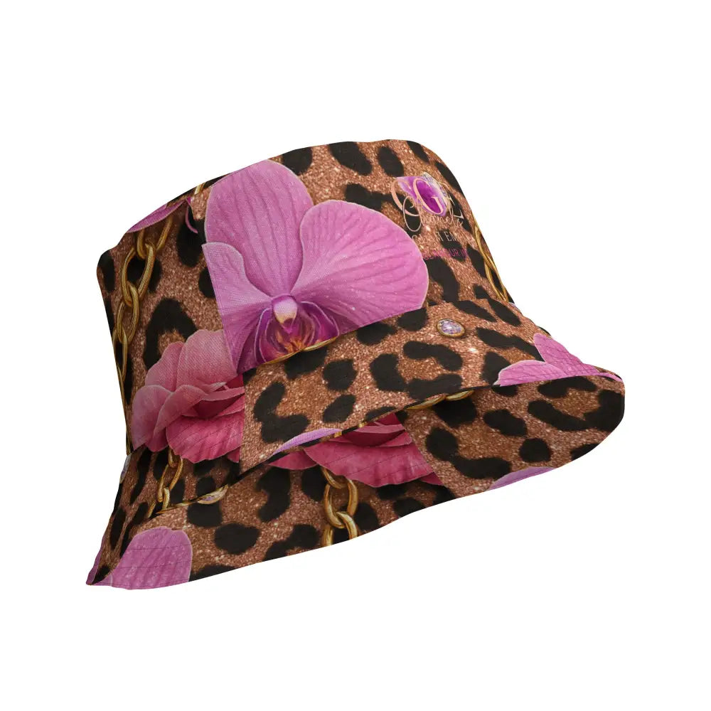 Wendbarer Fischerhut mit Allover-Druck in Leopardenmuster und pinken Blumen aus atmungsaktivem Polyester