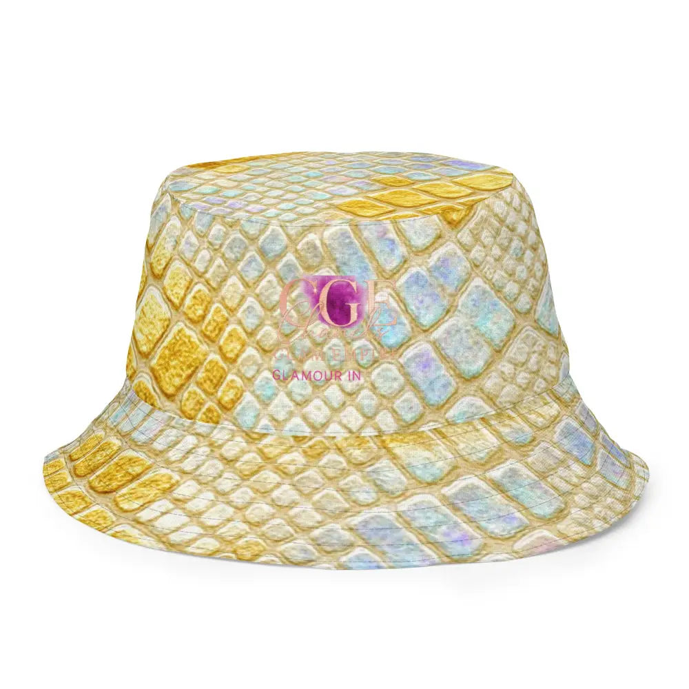 Wendbarer Fischerhut mit gold-holografischem Schlangenledermuster und CGE Logo, beidseitig tragbar, atmungsaktiv, stylish für Streetwear